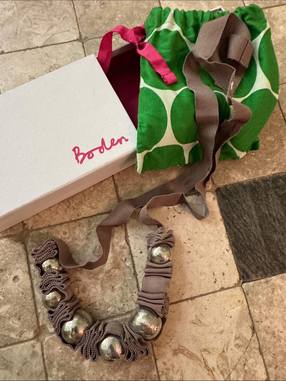 Boden Taupe Ribbon Necklace with Silver Spheres